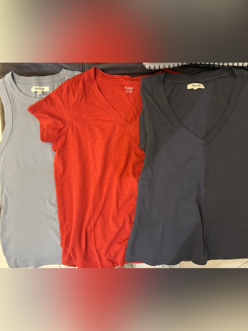 Madewell women's tee set in light blue, red, and navy